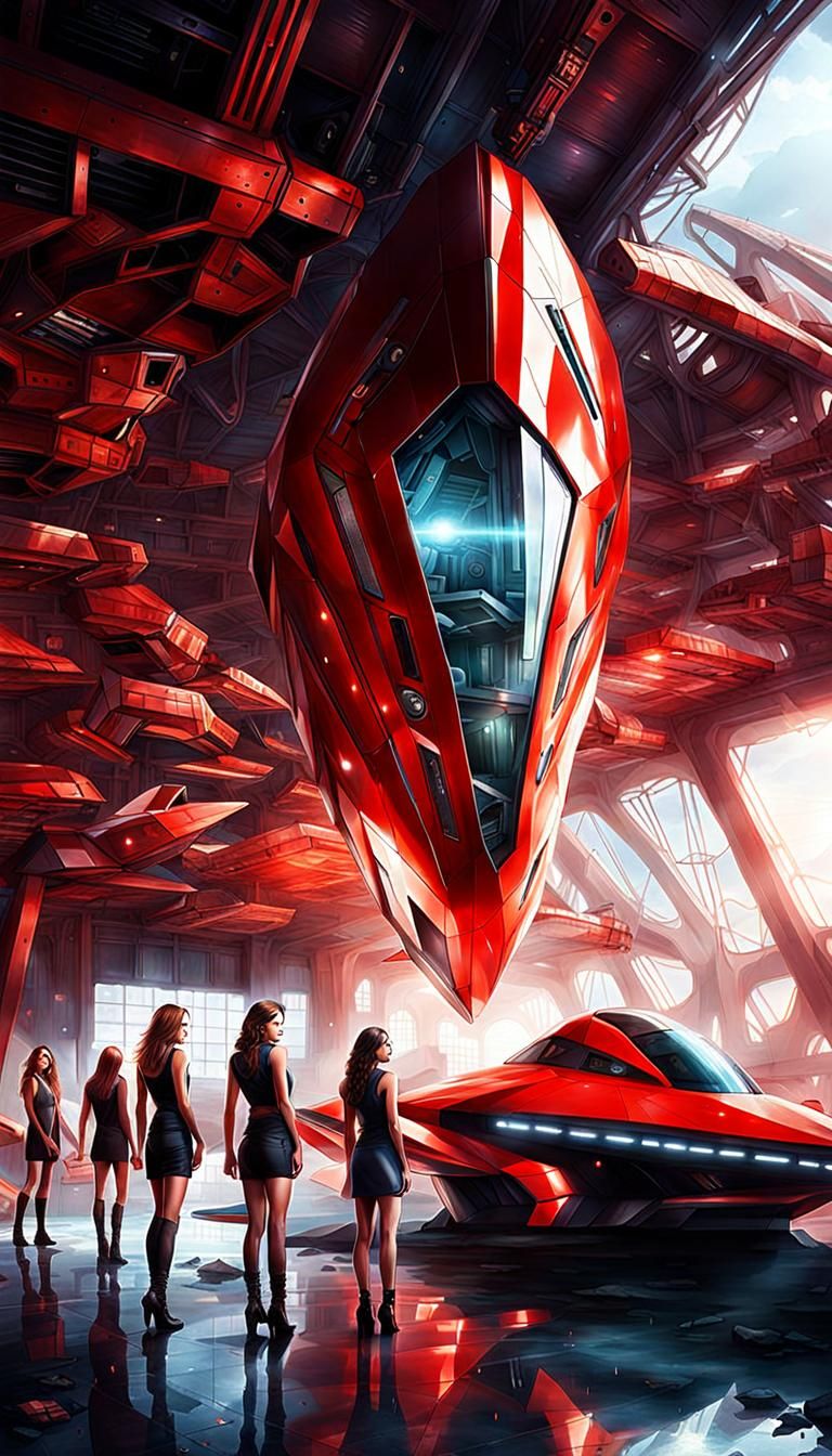 Futuristic Spaceship in a Barn with Women: Hyperrealistic Ar...