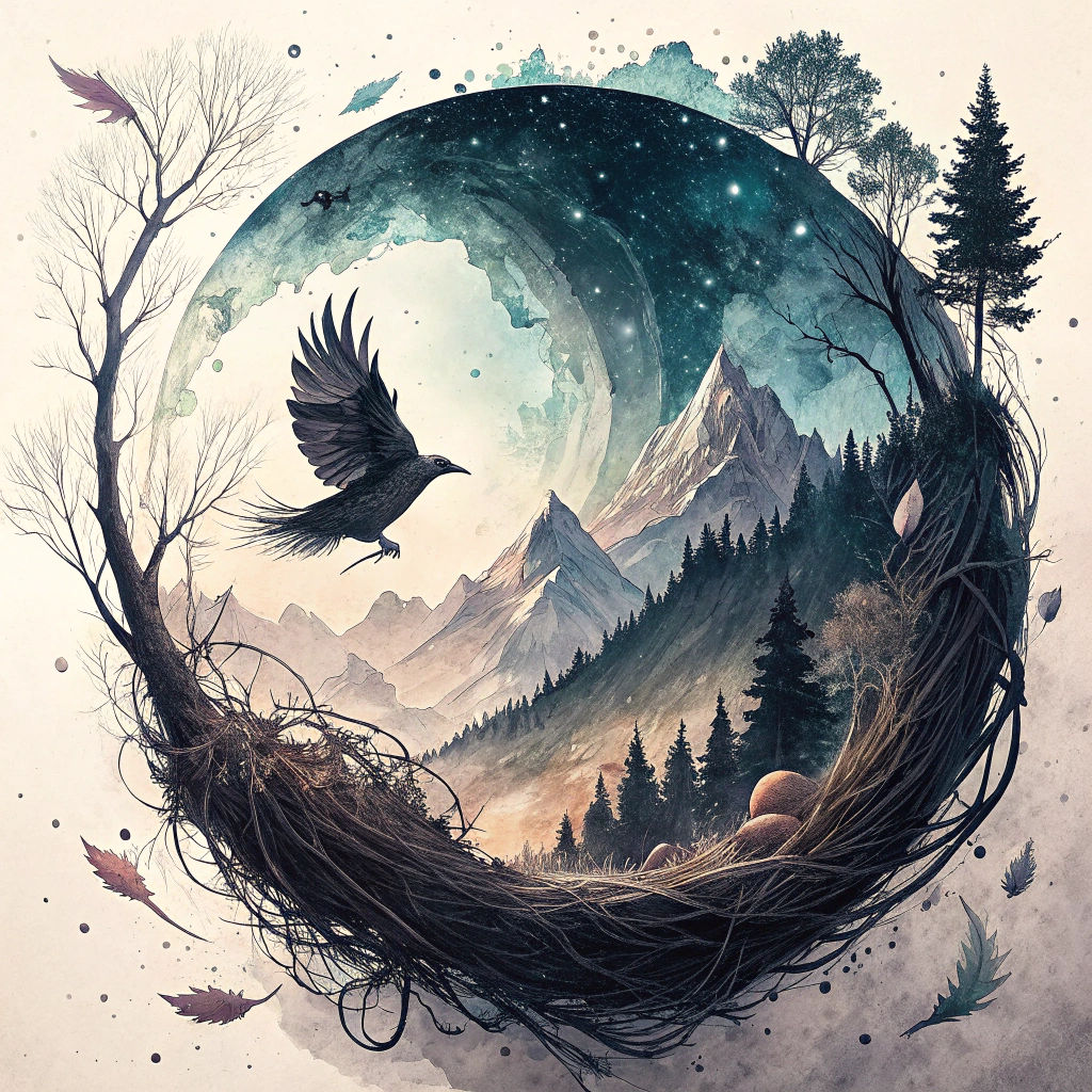 Astral Raven in Ink Splatter Landscape