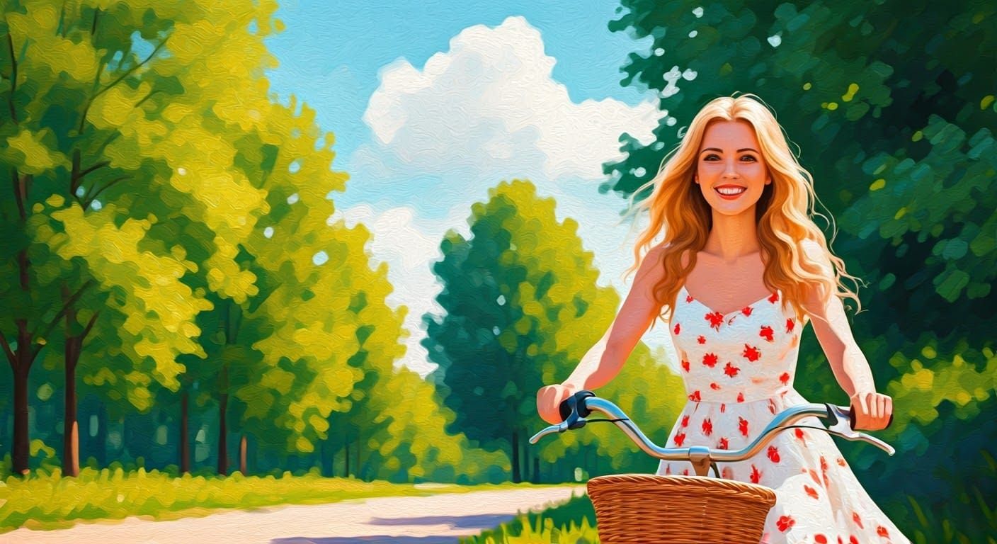 Vibrant Woman Rides Bicycle in Sunlit Garden