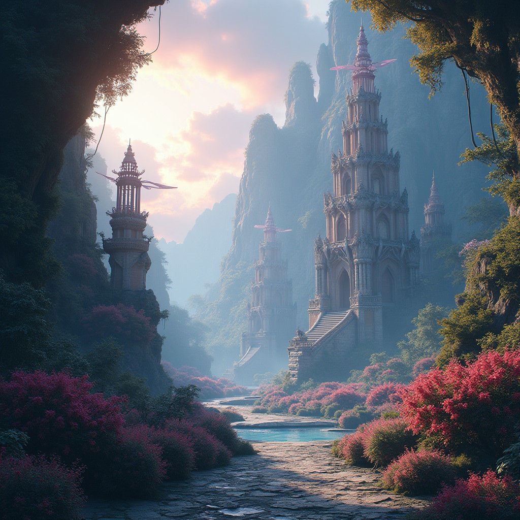 Mystical Realm: Intricate Architecture in Ethereal Landscape