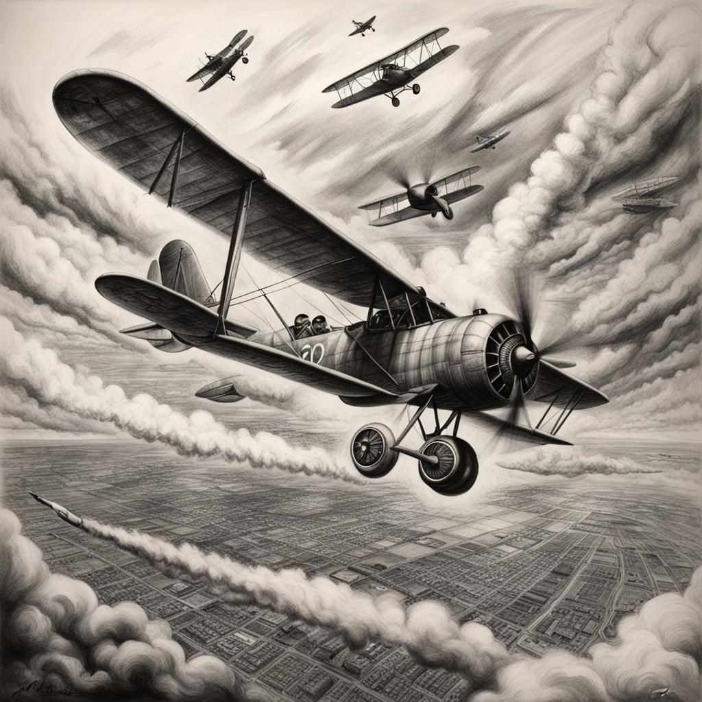 Biplane Dogfight in Charcoal Drawing