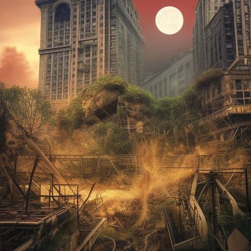 Post-Apocalyptic New York Jungle with Red Moon