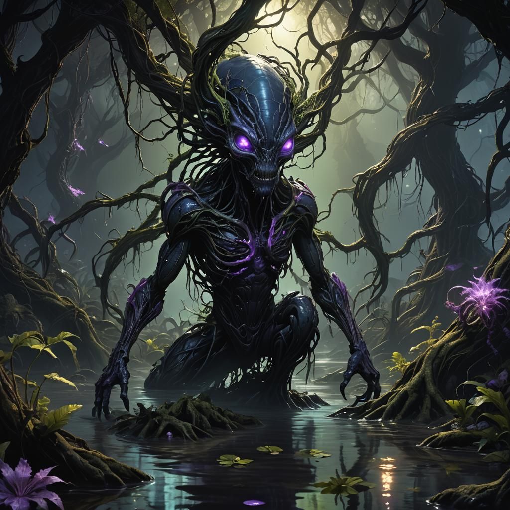 Alien Creature Emerges from Bioluminescent Swamp