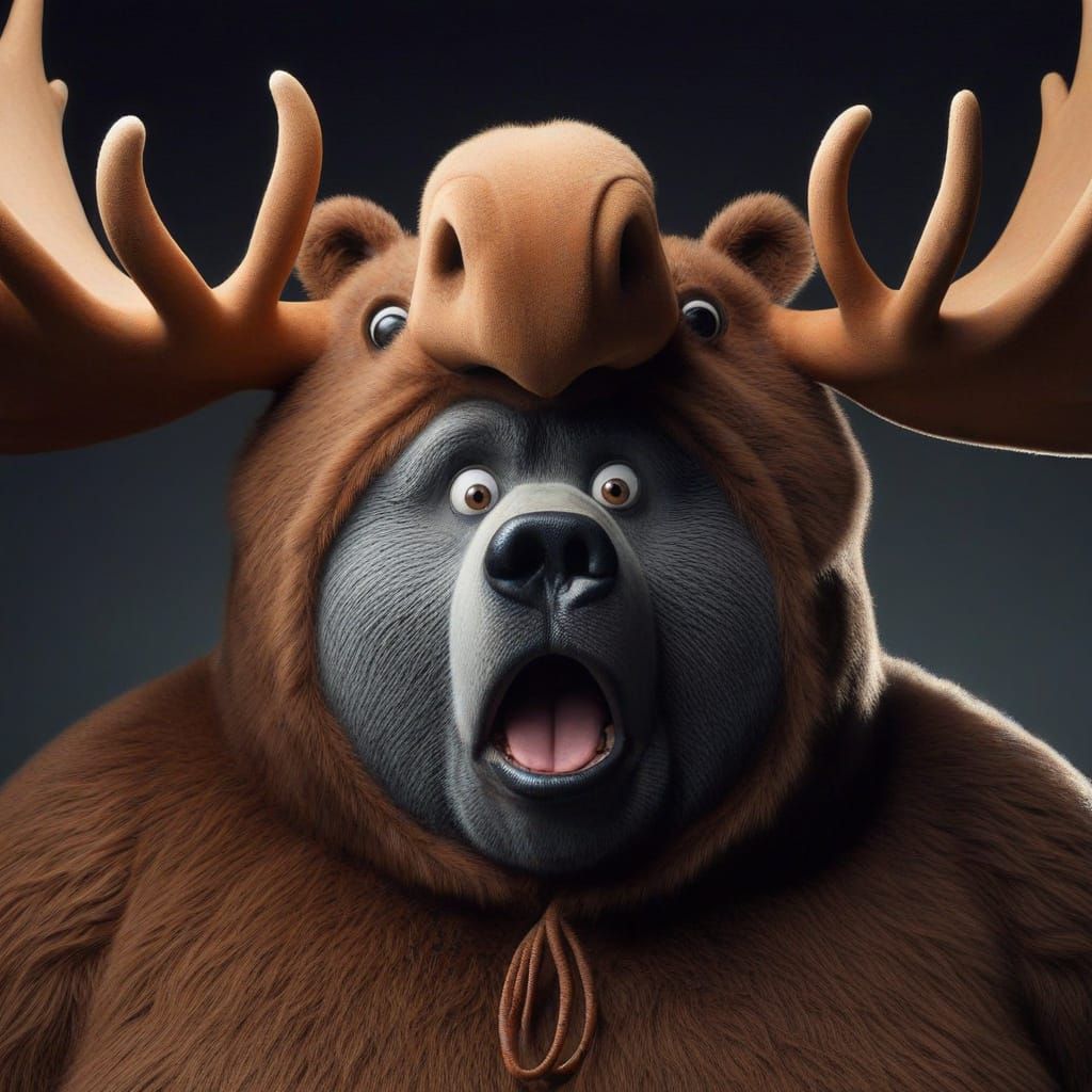 Obese Black Bear in Moose Costume with Mocking Surprise