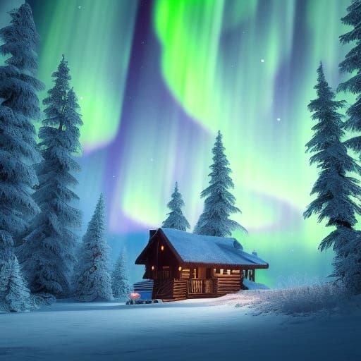 Cozy Cabin Under Aurora Borealis in Snowy Woods