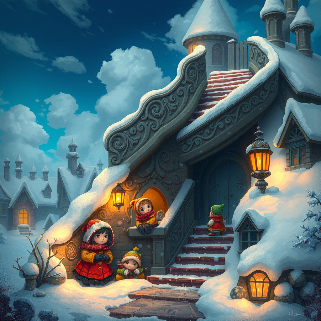 Snowy Stairway Home: Whimsical Fantasy Art