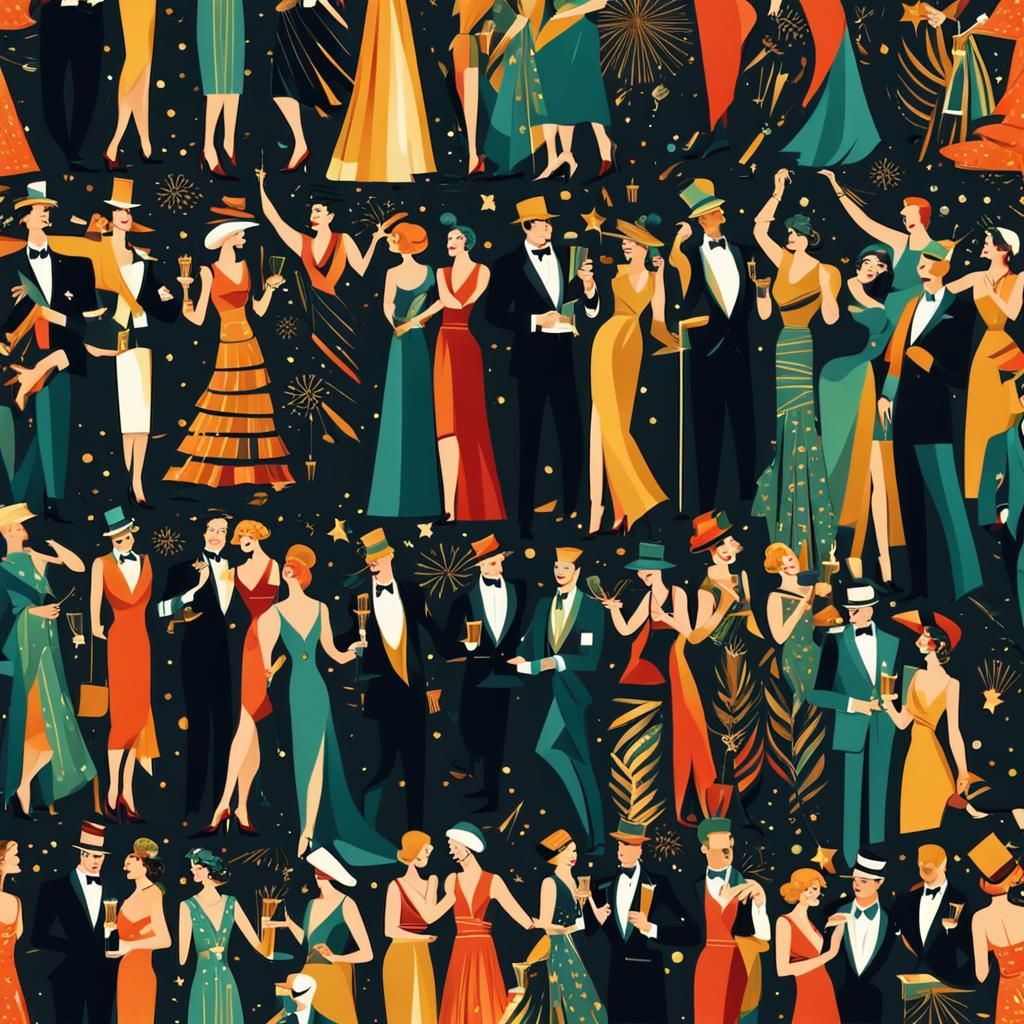 art deco inspired happy new year party very much people in house congratulatios each other colorfull