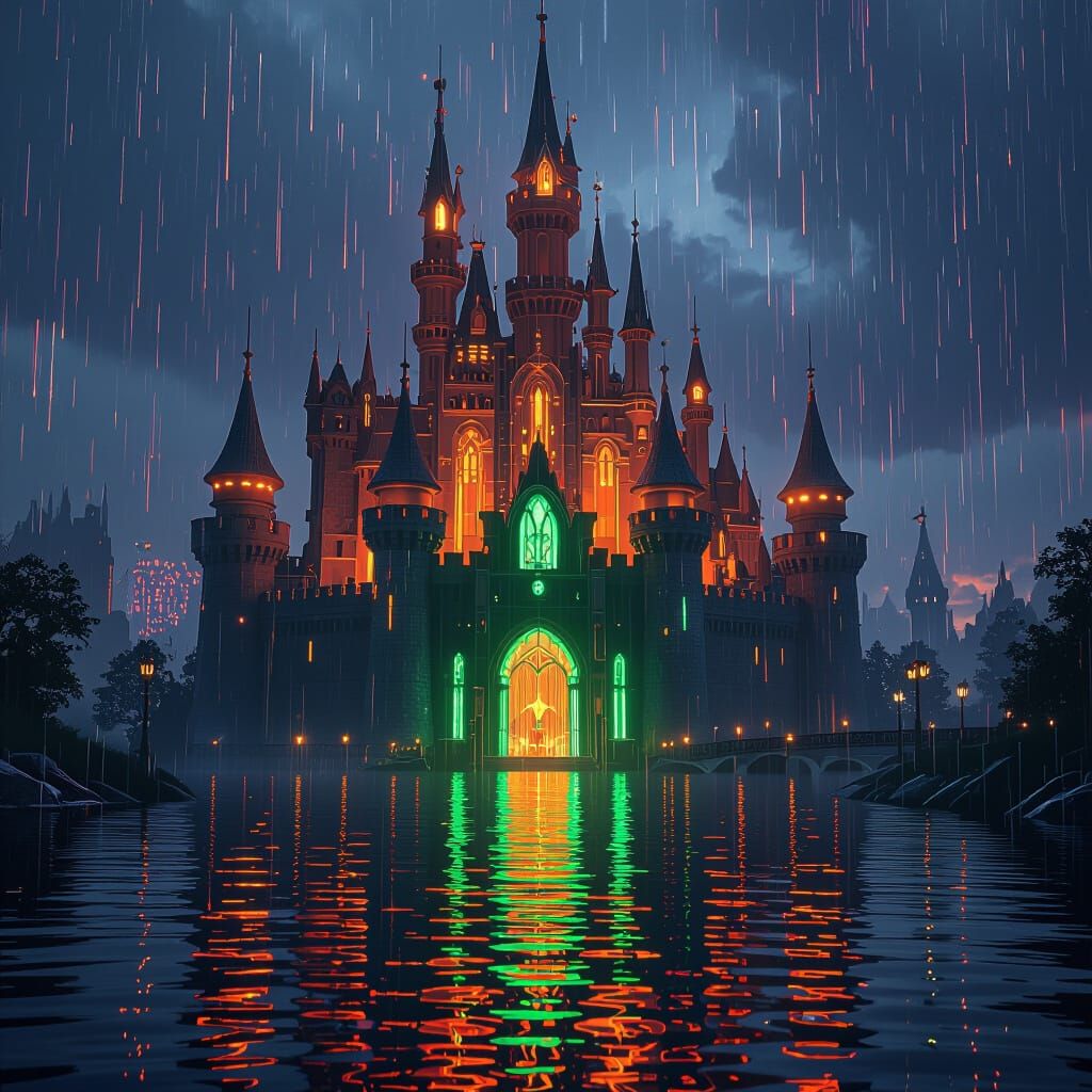 Neon Lit Futuristic Castle in Dark Fantasy Style
