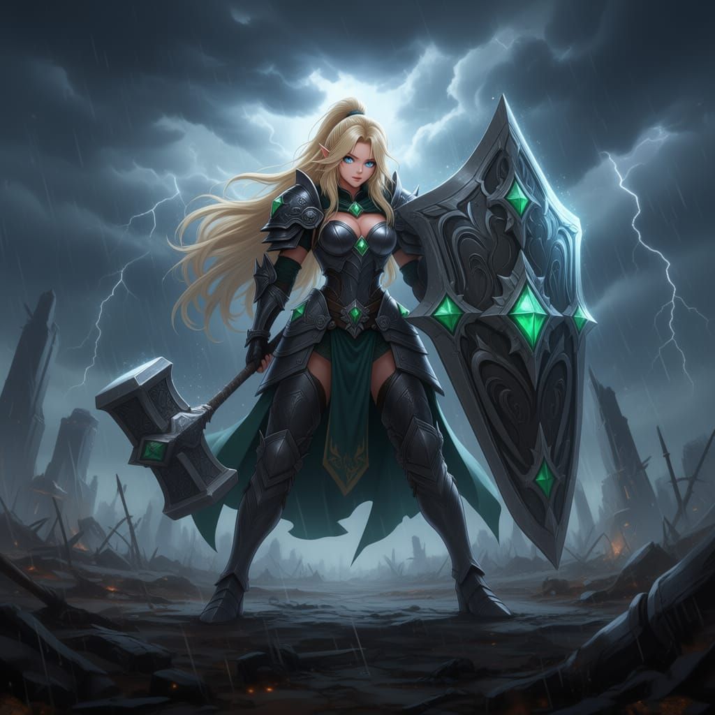 Female Paladin Crusader with Silver Hammer and Shield