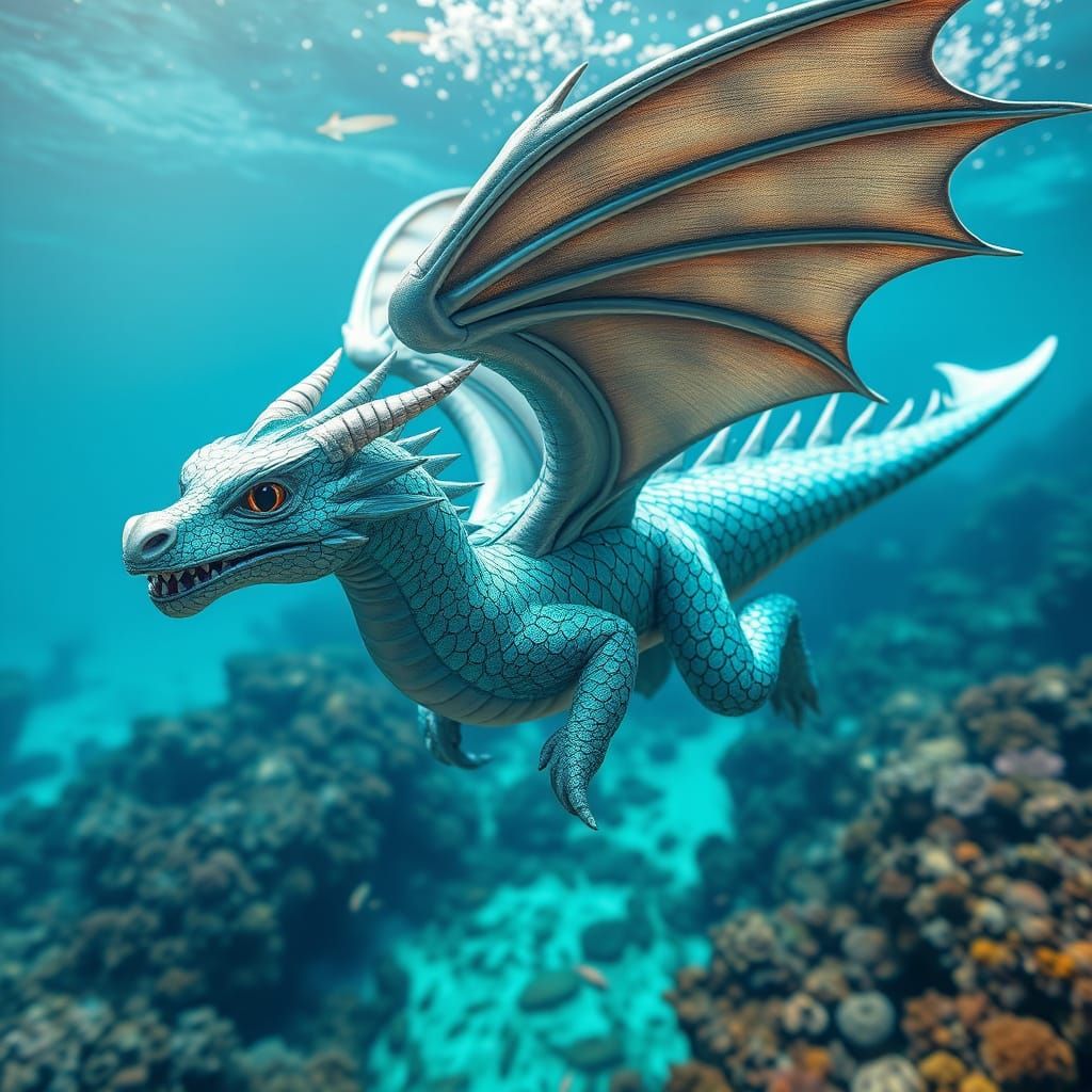 Majestic Aquamarine Dragon Dives into Vibrant Ocean Scene
