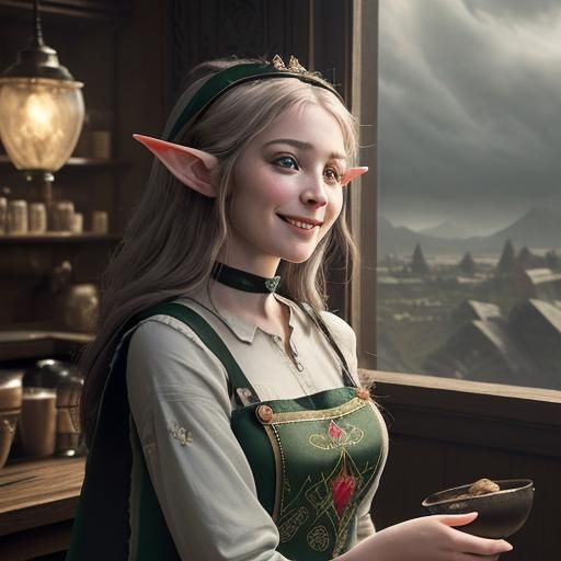 Smiling Elf Princess Barista in Digital Matte Painting