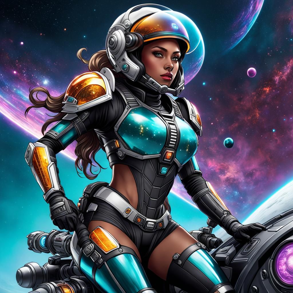 Native Woman on Speedercraft in Futuristic Exosuit