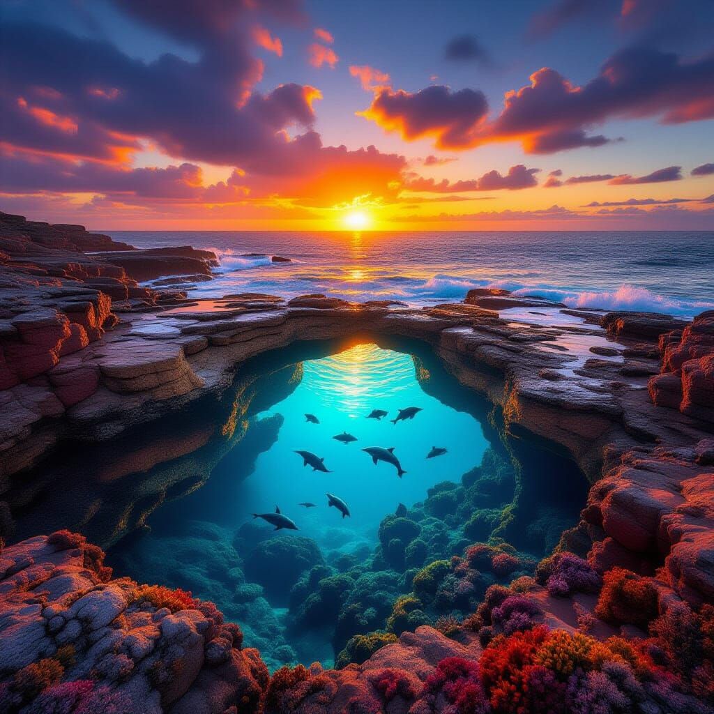 Underwater Arch Sunset: A Hyperrealistic Coastal Scene