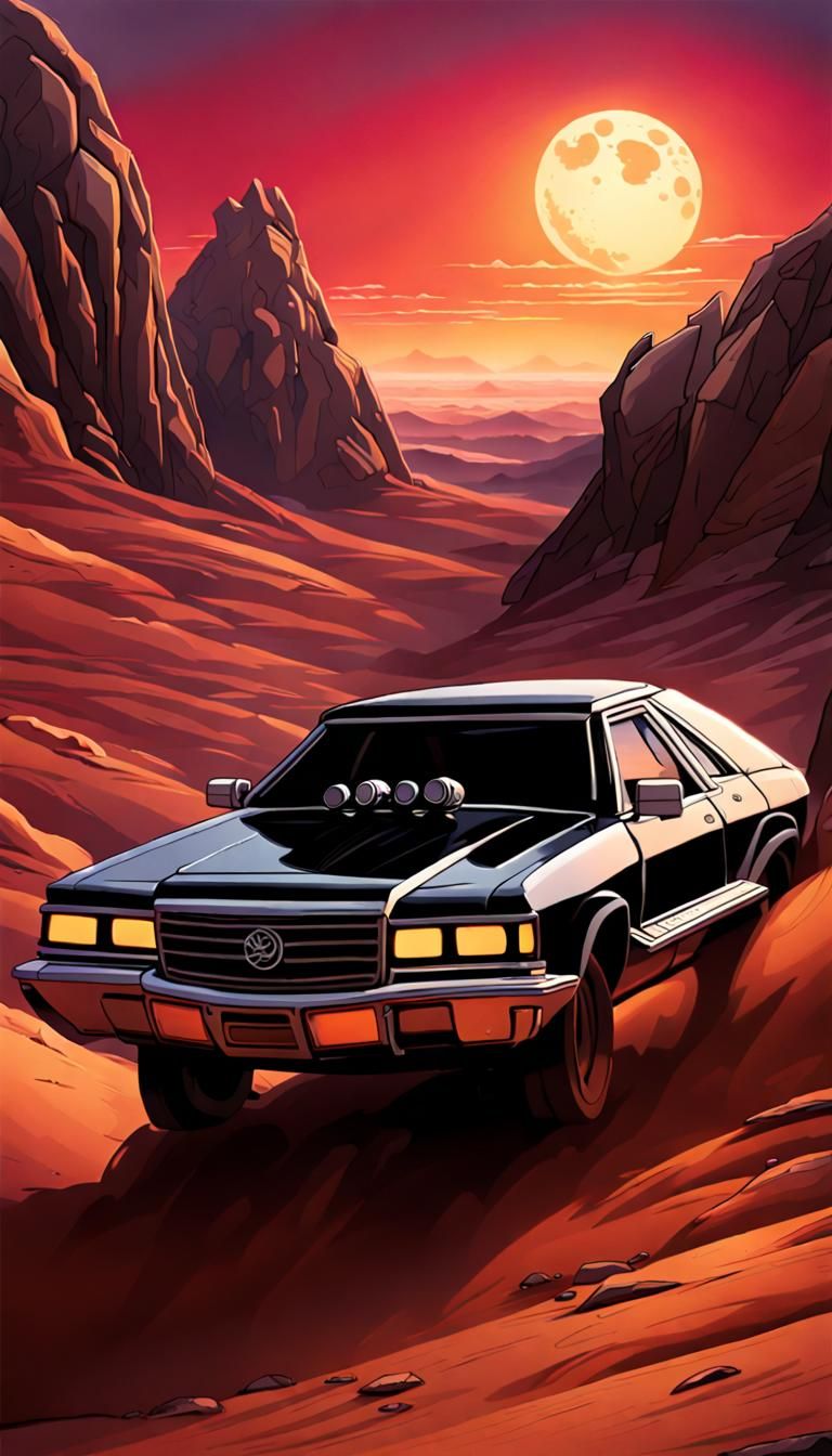 Futuristic Car Chase at Sunset on Alien Planet