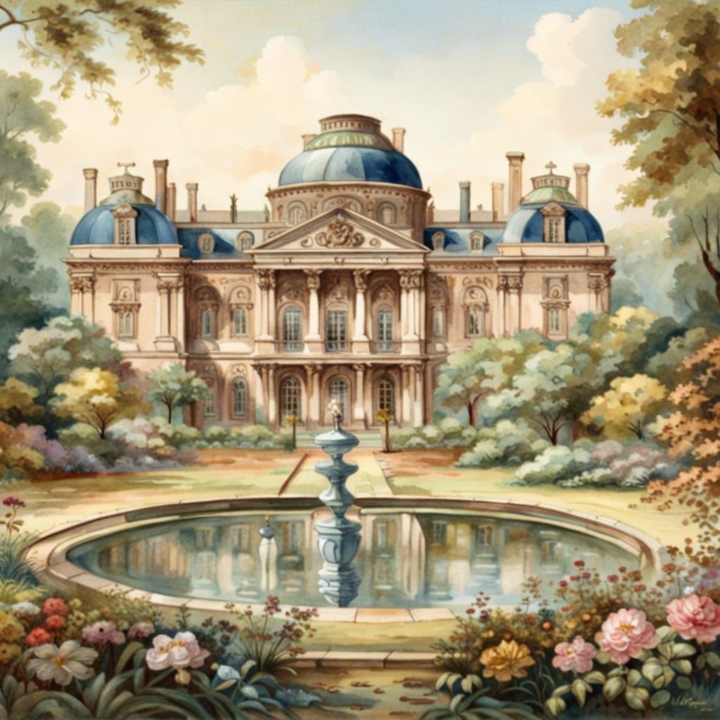 French Palace in English Garden Watercolor