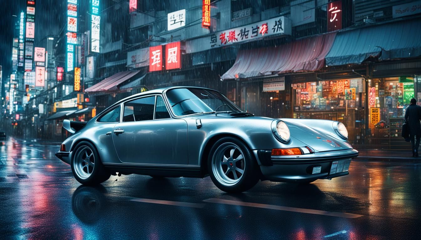 Silver Porsche 911 in Rainy Tokyo Night