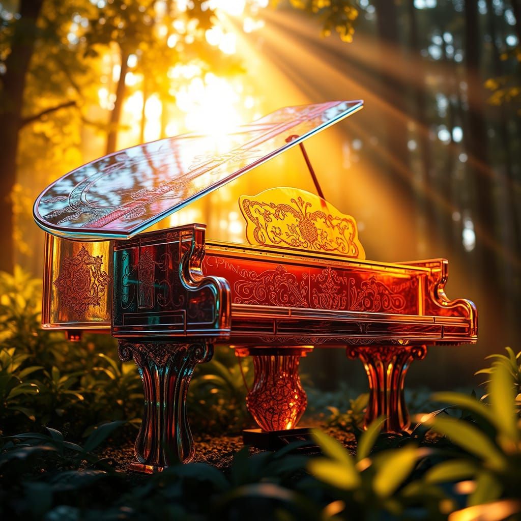 Glass Piano Shines in Dappled Forest Light