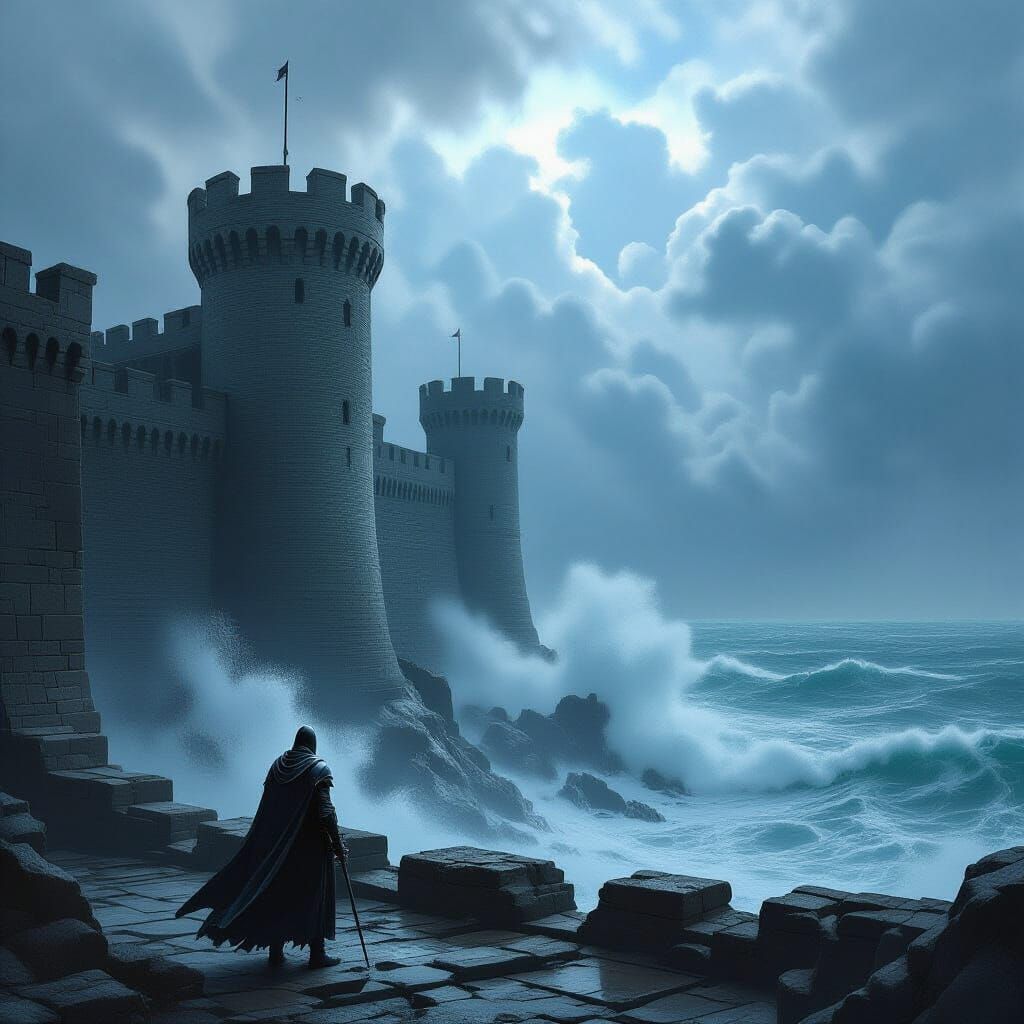 Knight on Castle Battlements Overlooking Stormy Sea
