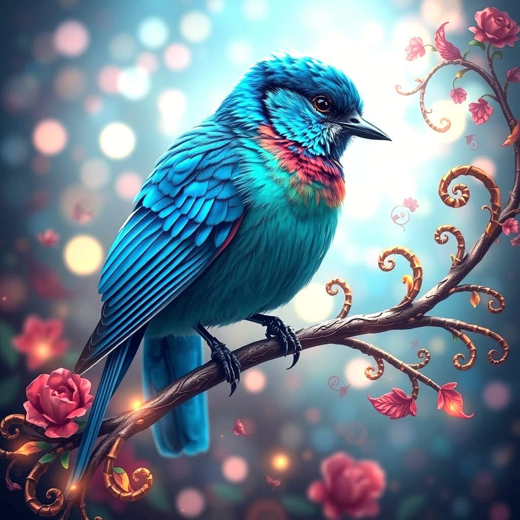 Whimsical Blue Bird in Enchanted Floral Wonderland