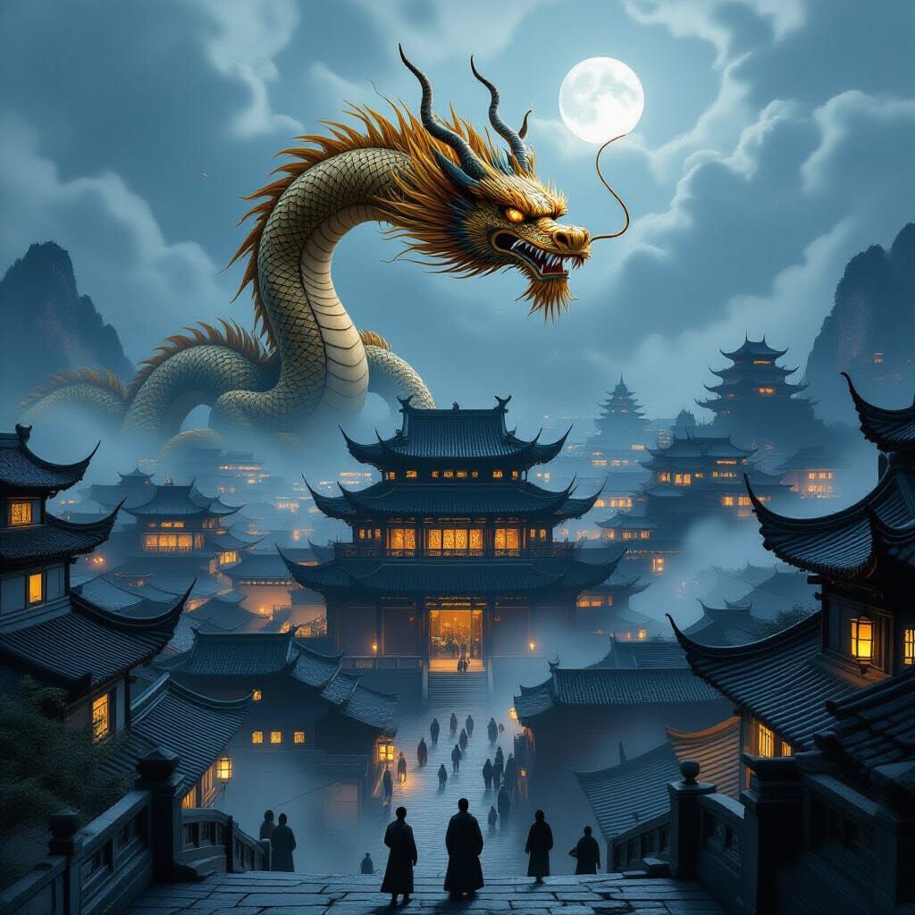 Golden Dragon Over Ancient City in Gloomy Weather