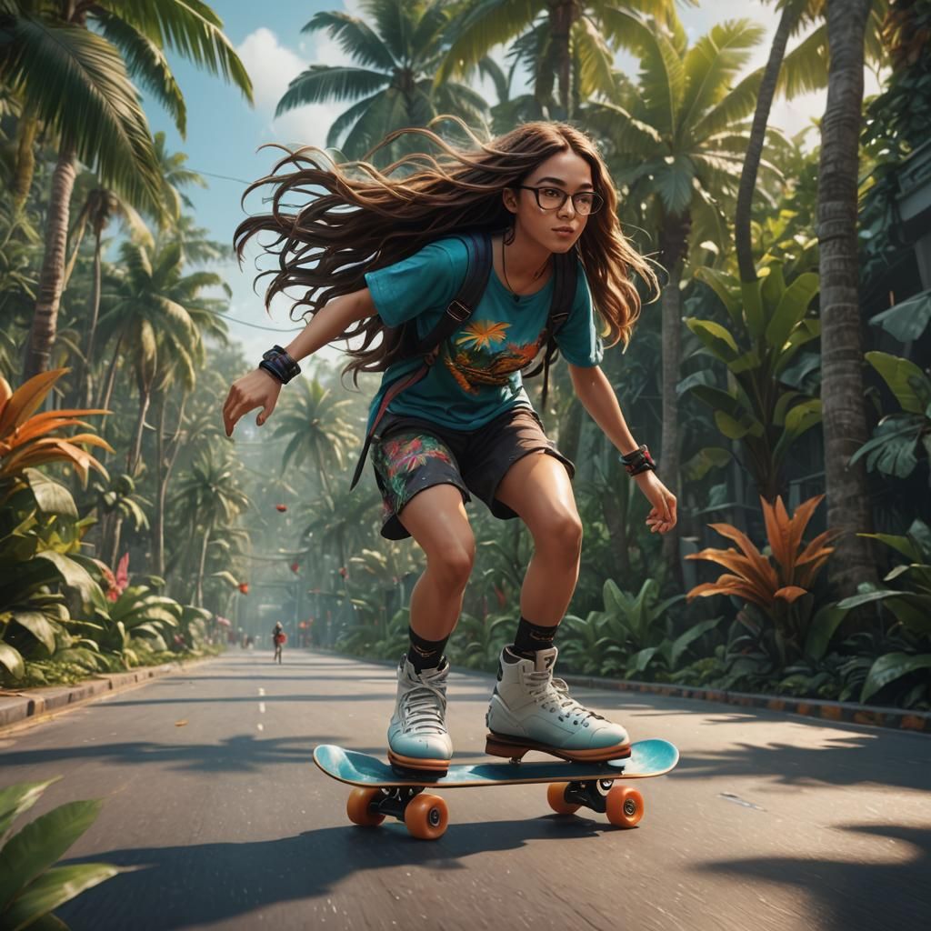 Girl on Skateboard in Tropical Pop Art Style