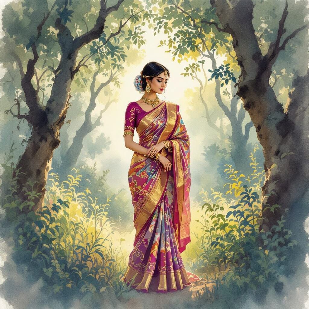 Indian Woman in Saree in Luminous Watercolor Style