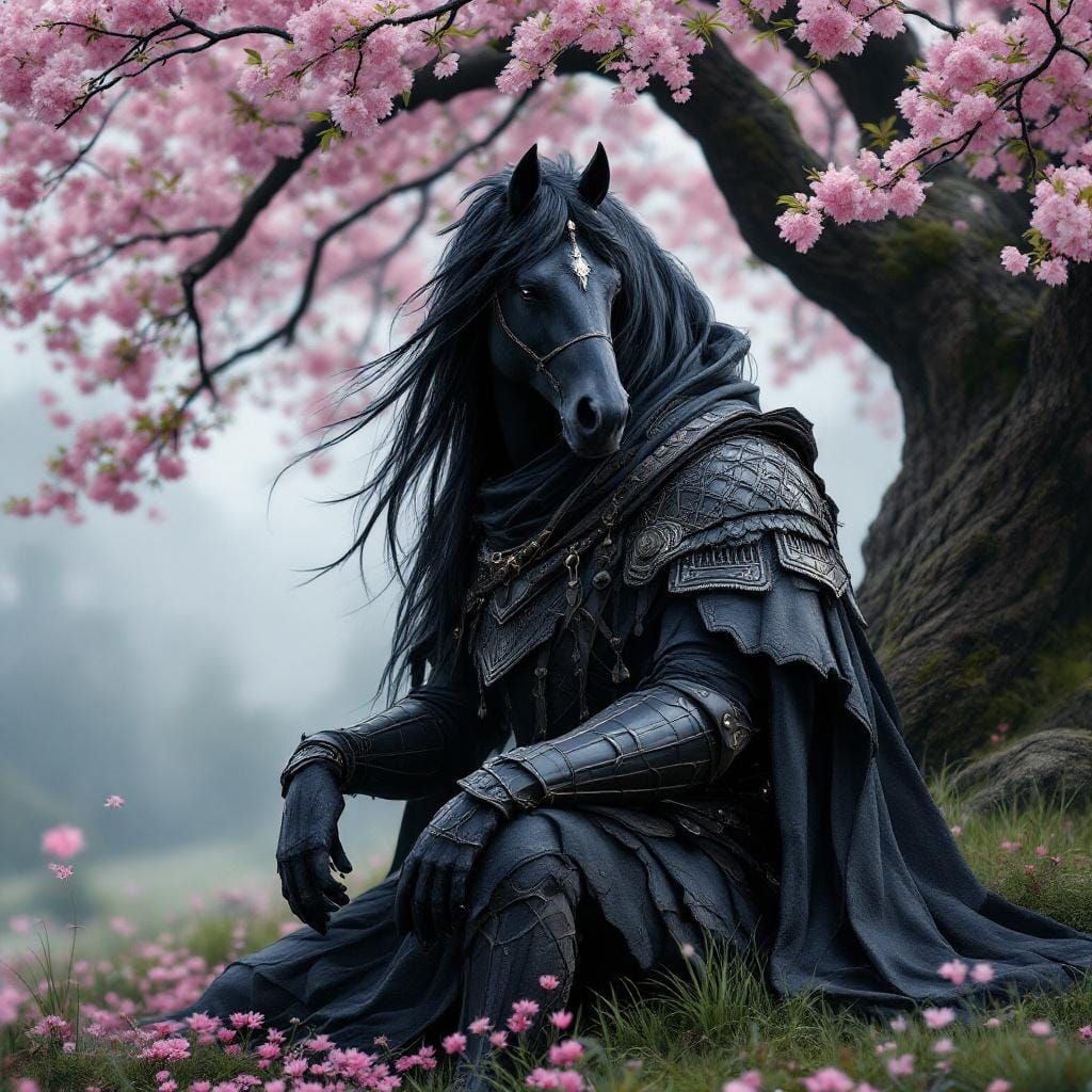 Black Stallion Centaur Under Cherry Tree, Detailed Matte Pai...