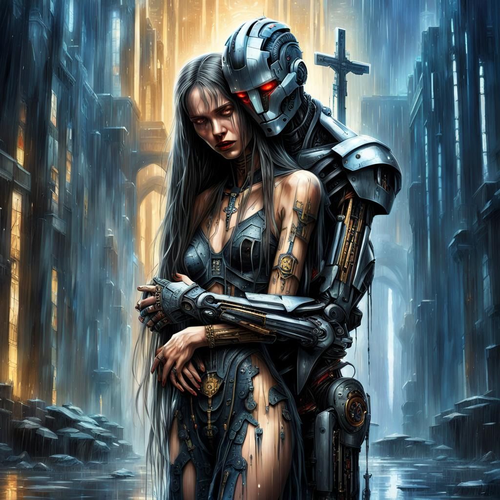 Cyborg Woman Comforted in Neon Cathedral, Cyberpunk Style
