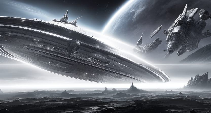 Epic Black and White Spaceship Amidst Nebulae