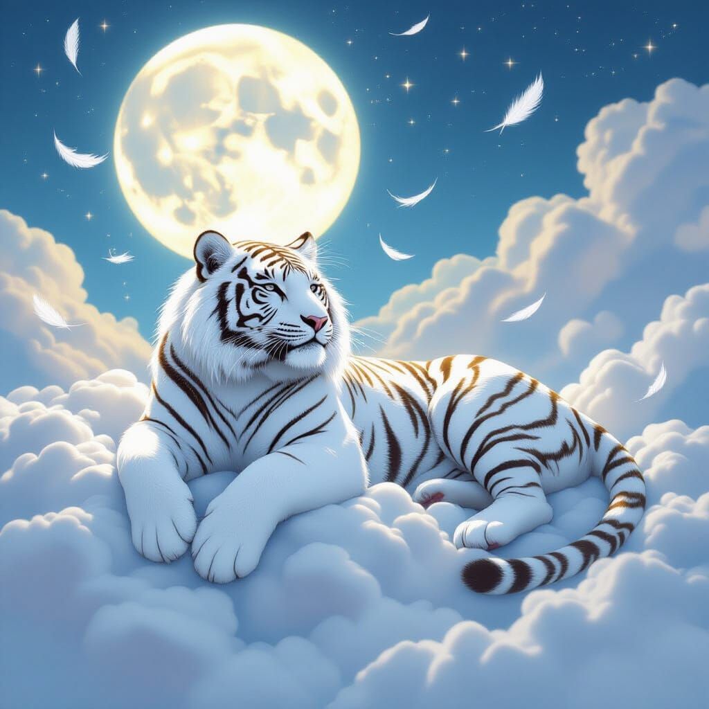 White Tiger on Clouds with Luminescent Star