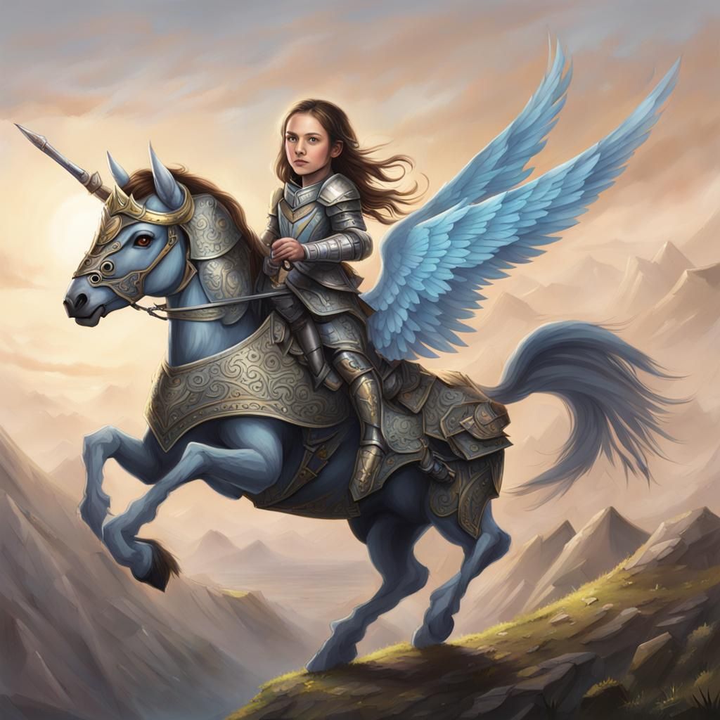 Armored Girl Astride a Winged Unicorn
