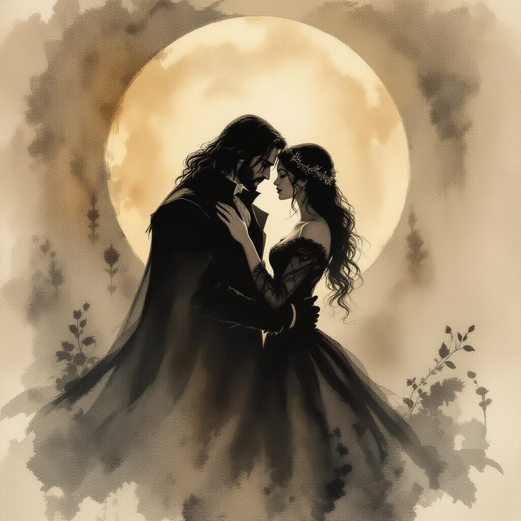 Gothic Moonlit Scene in Sepia Watercolor