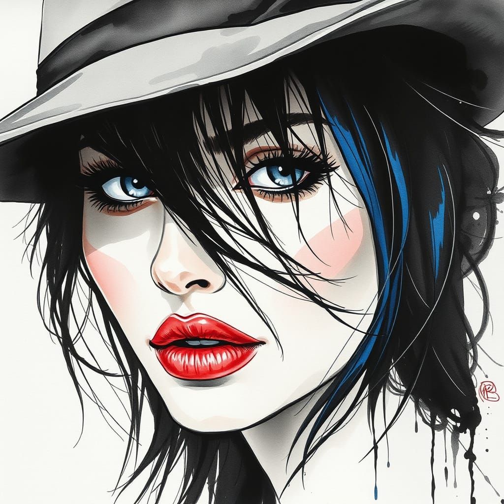 Noir Watercolor Portrait of Woman with Fedora
