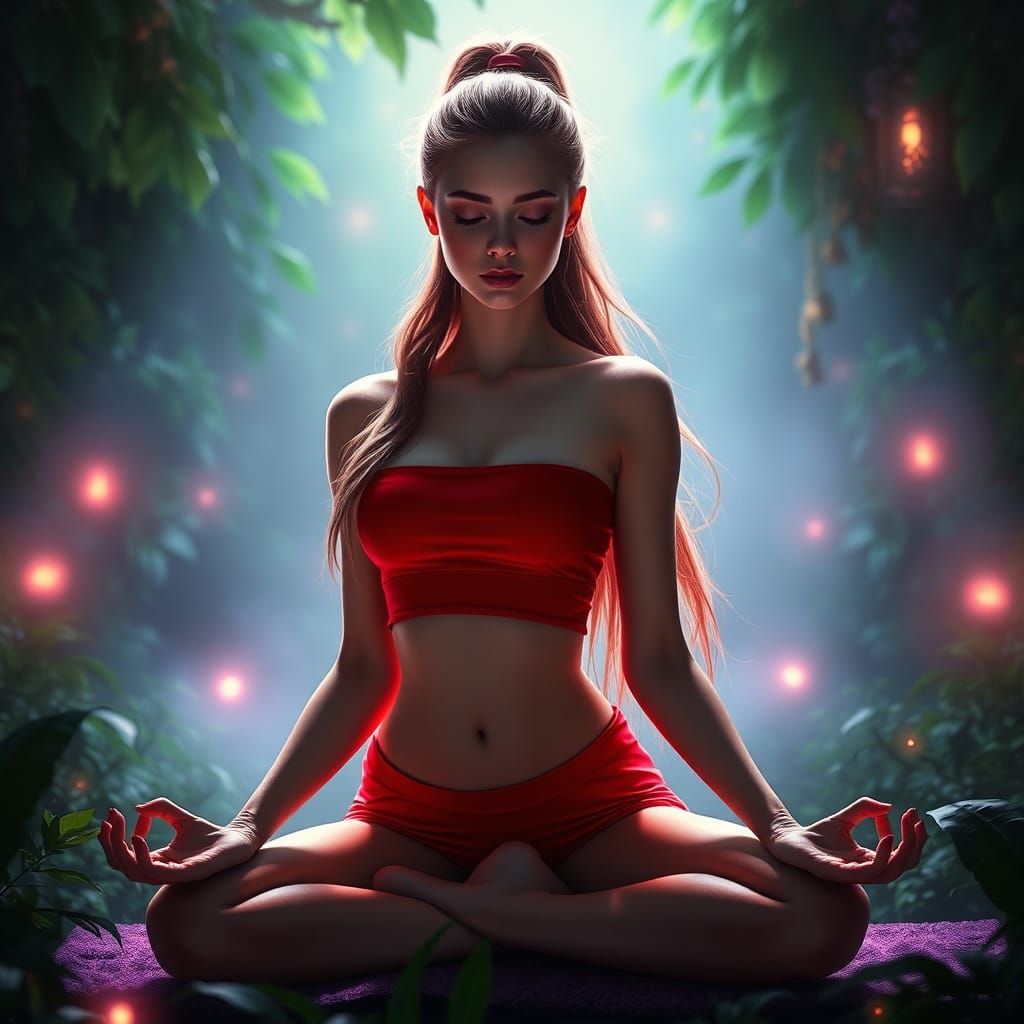 Mystical Yoga Girl in Lush Greenery