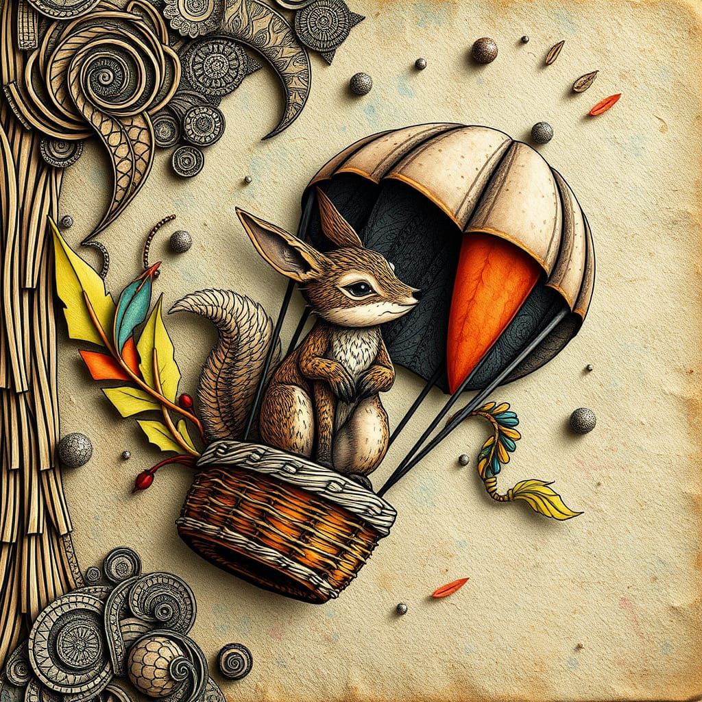 Woodland Creature in Hot Air Balloon, Mixed Media Art