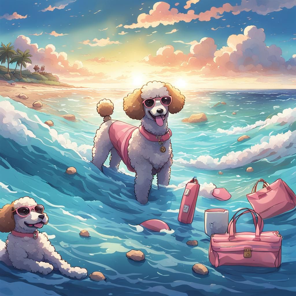 Dogs Sunbathing at the Beach in Anime Style