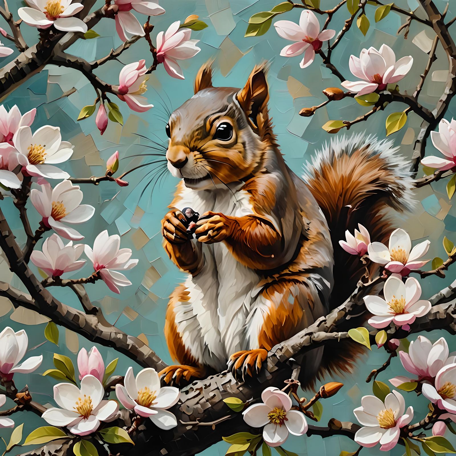 Squirrel in Magnolia Tree, Acrylic Palette Knife Painting