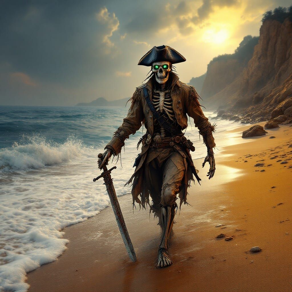 Weathered Zombie Emerges from the Surf in Vibrant Oil Painti...