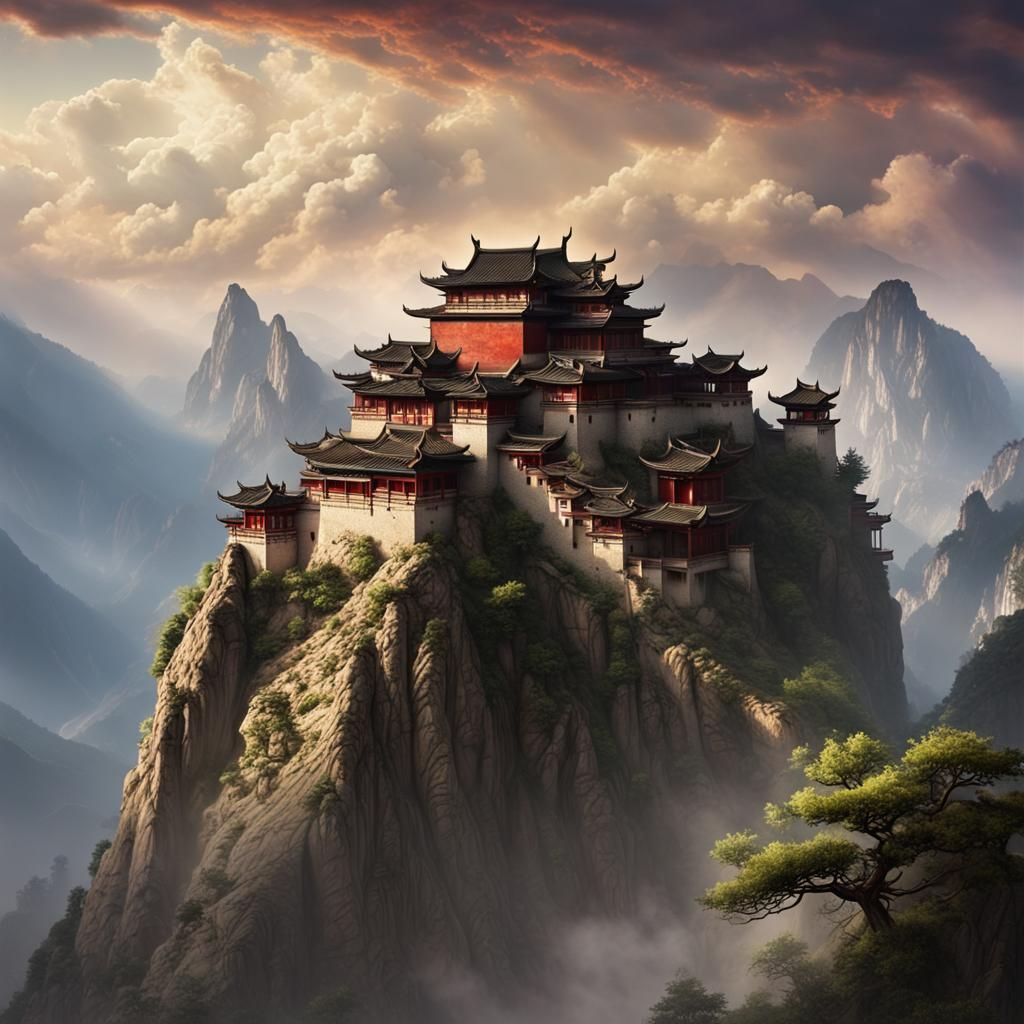 Cliffside Chinese Monastery with Epic Sky