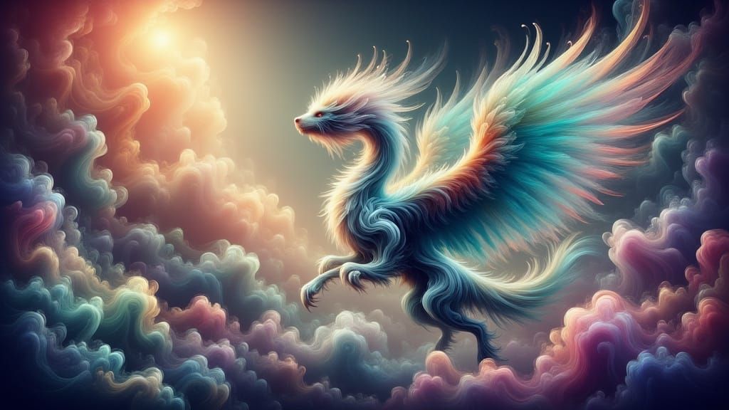 Iridescent Feathered Beast Flies Through Bioluminescent Fore...