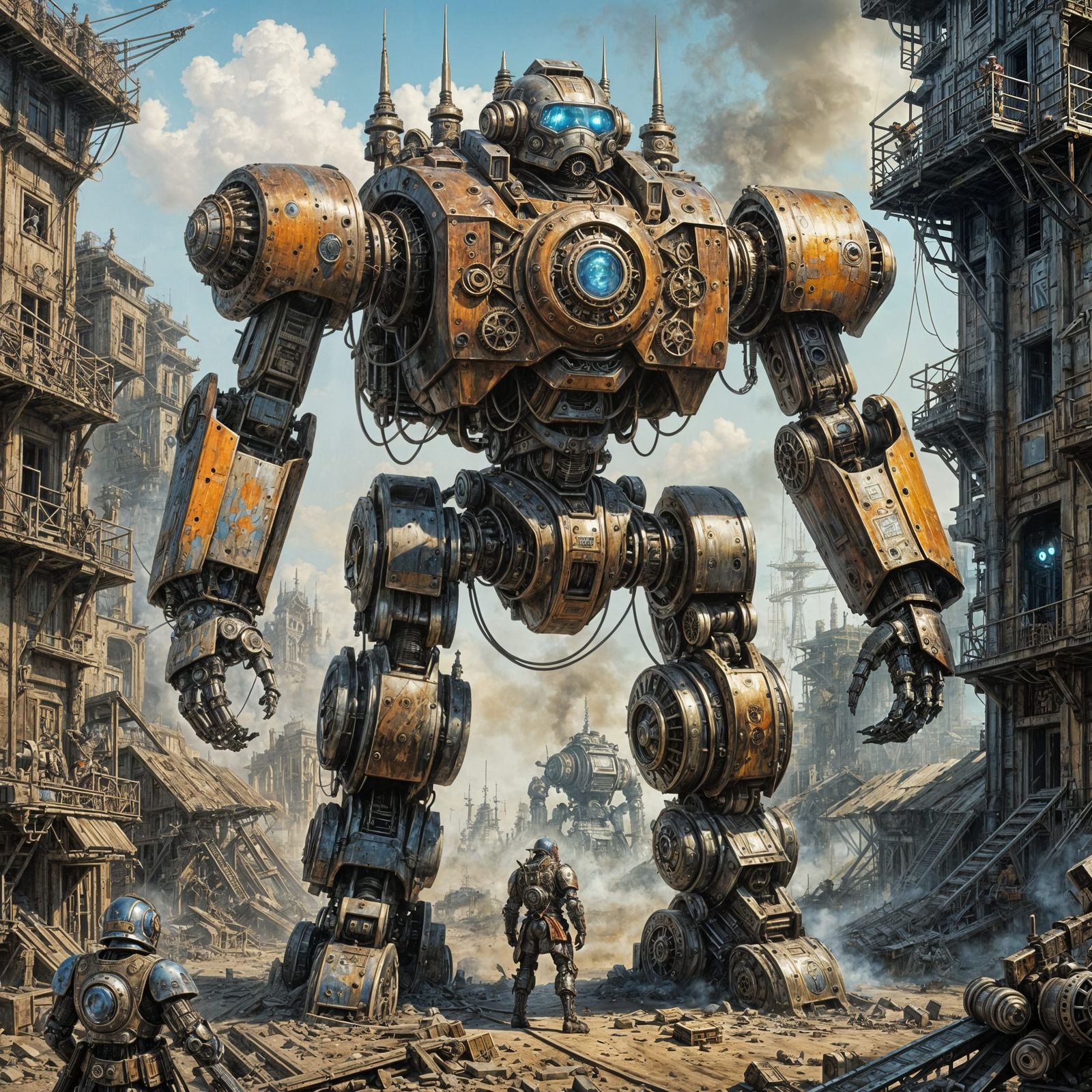 Steampunk Mecha Robot in Post-Apocalyptic Comic Style