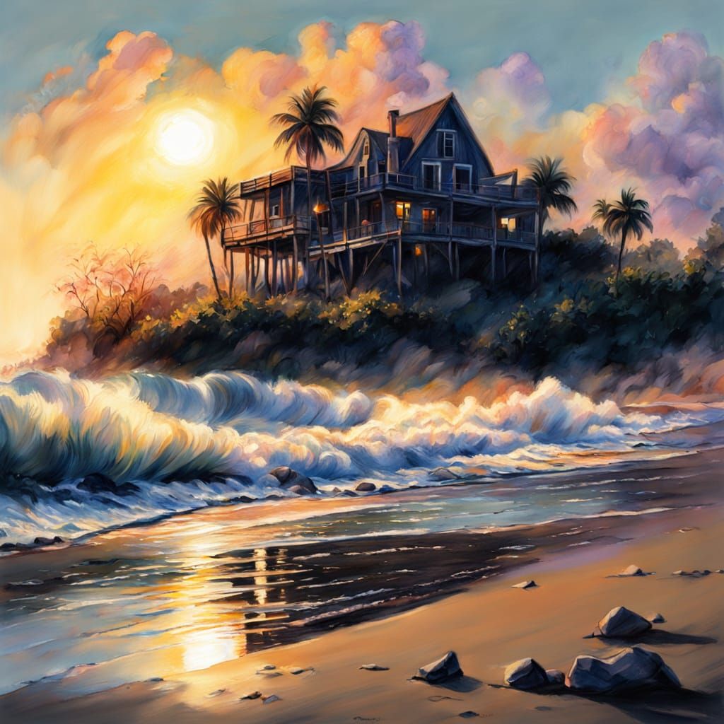 Summer Beach Charcoal Drawing in Gouache Style