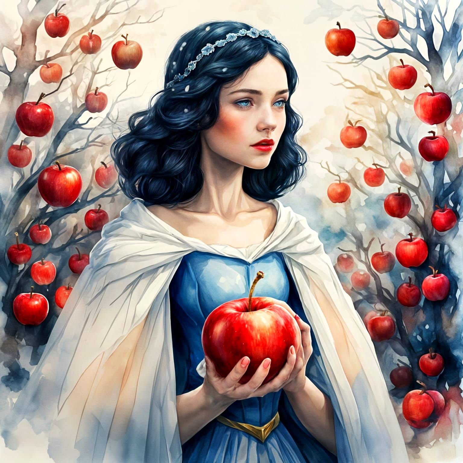 Snow White Silhouette with Apple and Cape