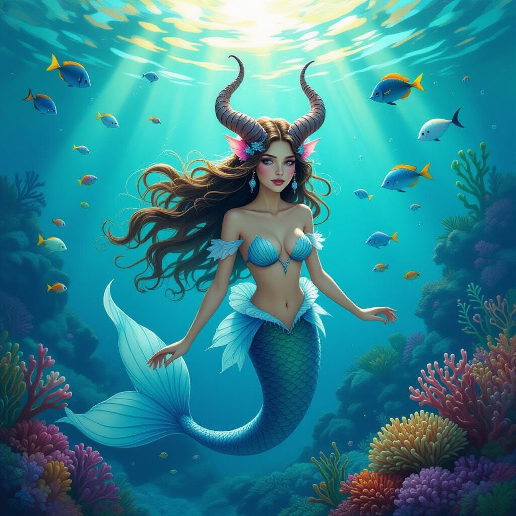 Demon Mermaid in a Vibrant Coral Sea