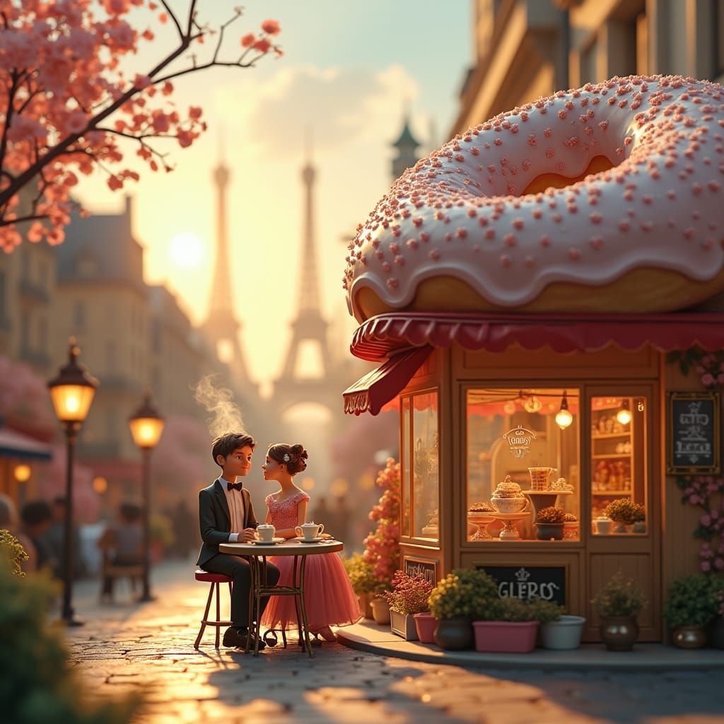 Miniature Couple Beside Donut Shop in Paris, Cinematic Style