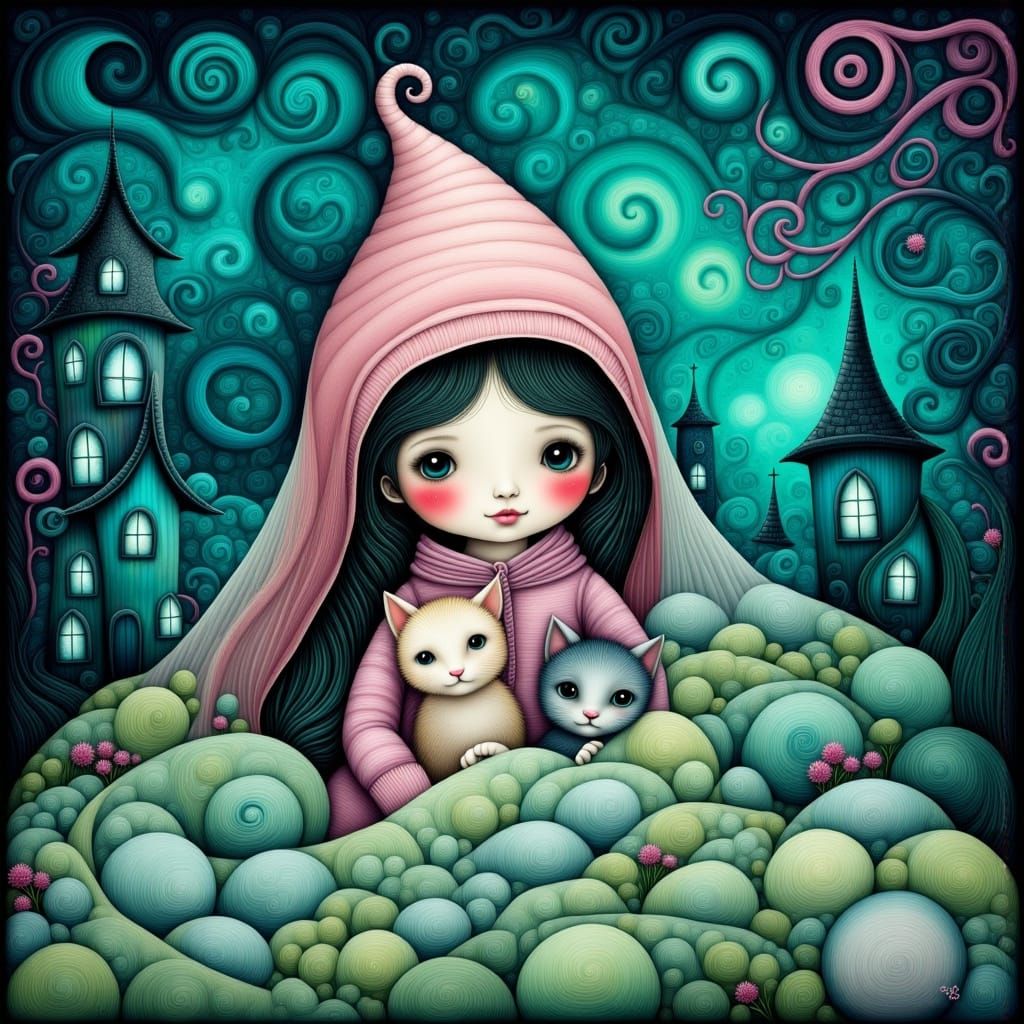 Girl and Kitten Peek Out During Storm, Whimsical Art Style