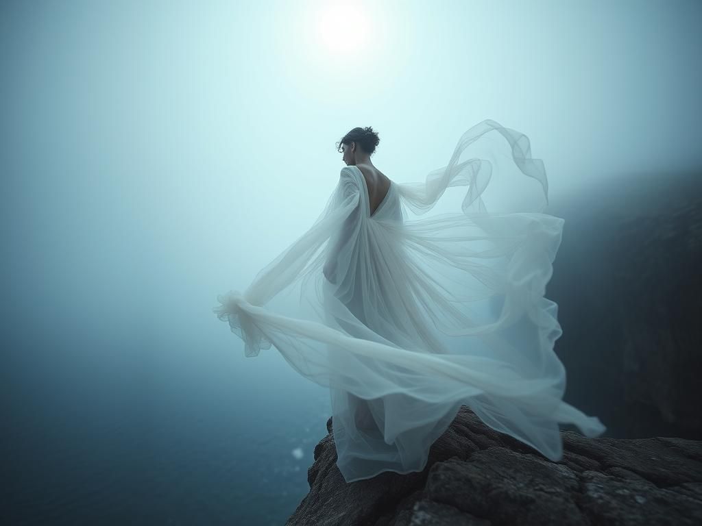 Ethereal Beauty: Windblown Dress on Cliff Edge