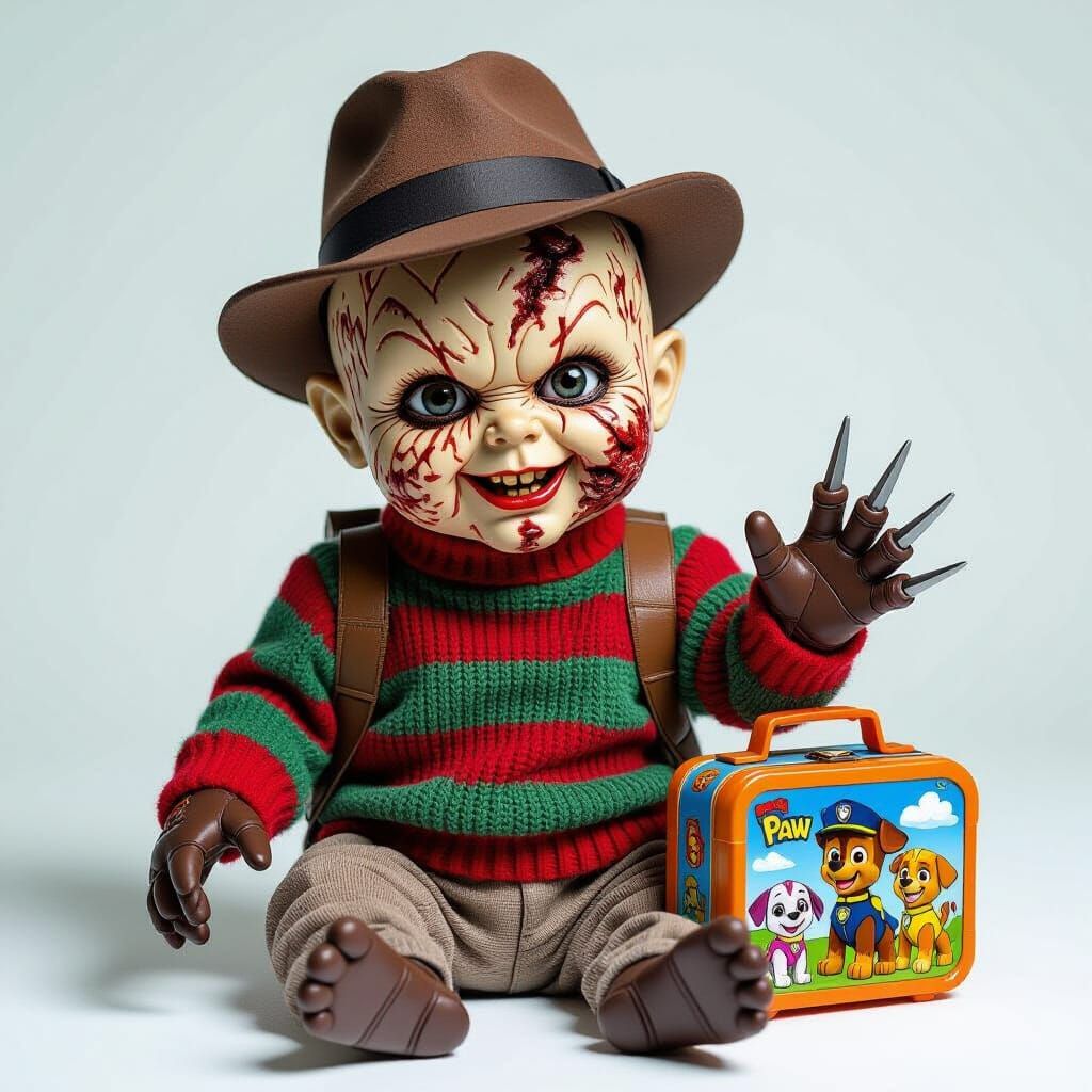 A hyperrealistic grotesque baby version of Freddy Krueger, w...