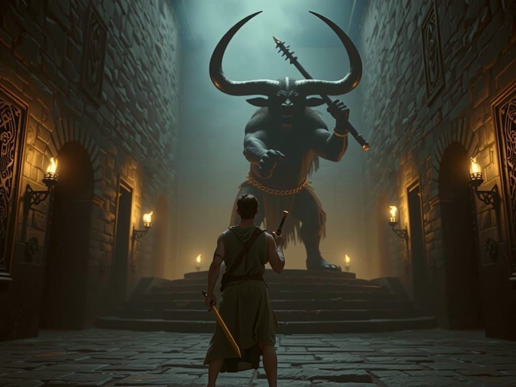 Greek Hero Battles Minotaur in Labyrinth
