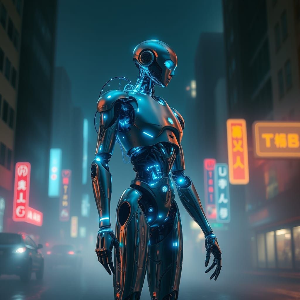 Futuristic Robot in Neon Cityscape, Biomechanical Art